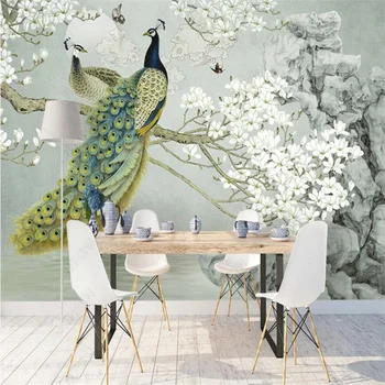 Kinų Stiliaus Povas Balta Magnolia Gėlių Užsakymą Freskos Namų Dekoro lipni Foto Tapetai Miegamojo Puošimas 3D tapetų