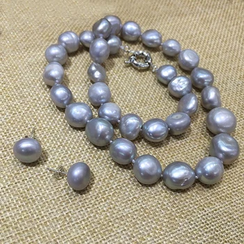 žavus, gražus perlų rinkinys vėrinys ir auskarai sidabrinė(pilka) spalva pusiau baroko ašarų lašas netaisyklingos formos 43cm pristatymas nemokamas