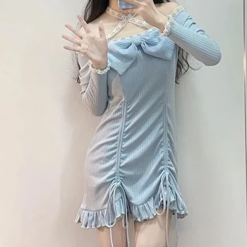NONSAR Raišteliu-line Suknelė Rudenį Japonijos Grynas Geismas Karšta Mergina Lankas Vieną petį Saldus Seksuali Mini Suknelė