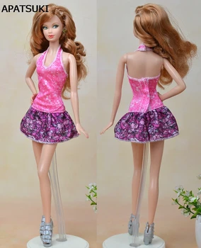 Rožinė, Violetinė Mados Lėlės Drabužiai Mini Suknelė Barbie Lėlės Vienas Gabalas Off Peties Vestido Suknelės 1/6 BJD Doll Priedai