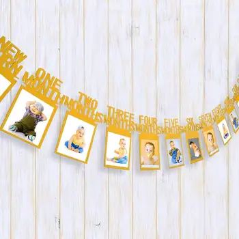 Blizgantis 1 mėnesio iki 12 mėnesių, foto reklama pirmojo gimtadienio dekoracija Pirmojo gimtadienio girliandą vestuvių ceremonija aukso