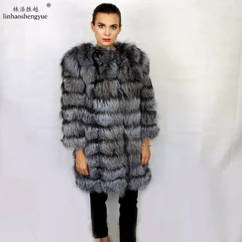Linhaoshengyue Mados Nekilnojamojo Silver Fox Fur Moterų Kailis Žiemą Šiltas Žiemą Šiltas Freeshipping