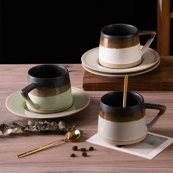 300ml Keramikos Kavos Puodelis ir Lėkštelė Nustatyti Japonijos Retro Mažas Išskirtinį Latte Kavos Puodelio Namų Pusryčiai Taurės Popietės Arbata Arbatos Rinkinys