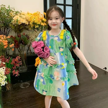 Mergaičių Vasaros Suknelė Mažai Mergaitei Trumpomis Rankovėmis Gėlių Suknelė Korėjos Saldus Gradientas Nėrinių Suknelė