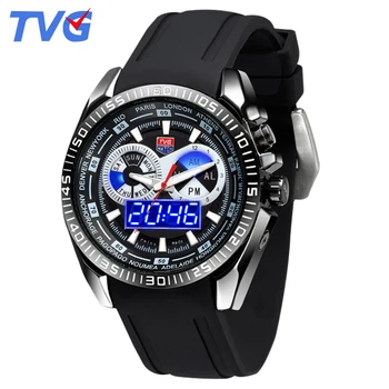 Sporto Vyrų Laikrodžiai Kvarco Dual Judėjimo Vyrų Laikrodis atsparus Vandeniui TVG 468G Prekės karių, Gumos Watchband Mėlyna LED Dvigubas Ekranas
