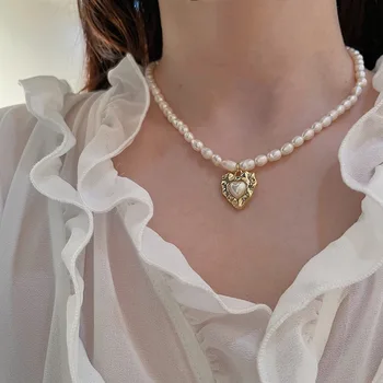 Natūralūs Gėlavandenių Perlų Širdies Pakabukas Karoliai Moterų Mergina Mados Choker Vintage Papuošalai Vestuves Aksesuarai Dovanos
