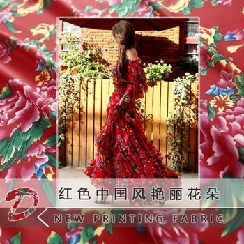 Naujas prekės ženklas raudona Kinų stiliaus puošnus gėlių modelio poliesteris šifono audinio skaitmeninis spausdinimas audinių gamyklos tiesioginio pardavimo