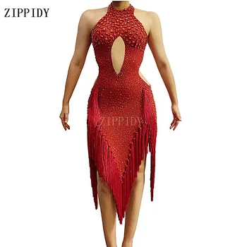 Sparkly Raudoni Kristalai Lotynų Suknelė Moterims Vakare Gimtadienio Švęsti Vestuves Seksualus Kutas Suknelės Šokių Suknelė