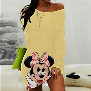 Elegantiškas Suknelės Moterims Disney Mickey Spausdinti Mini Suknelė Vasaros Suknelės Moteris 2022 Minnie Mouse Mados ilgomis Rankovėmis Šalies Sexy