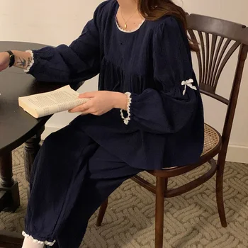 Moterų Atsitiktinis Pižama Japonijos Paprastas Nėrinių Sleepwear Minkštos Medvilnės naktiniai drabužiai, O-Kaklo, ilgomis Rankovėmis, Kelnes Tiktų Palaidi Loungewear D772