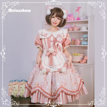 Melonshow Sweet Pink Lolita Dress Viktorijos Moterų Japonijos OP Kawaii arbatėlė Princesė Suknelė Cute Kačių Lankas Soft Merginos Vestidos