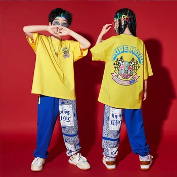 Vaikai Kpop Komplektus Hip-Hop Drabužių Geltonos Spalvos Marškinėlius Atsitiktinis Streetwear Prakaitas Pants Mergaitė Berniukas Džiazo Šokių Drabužiai Kostiumas Rodyti Drabužiai