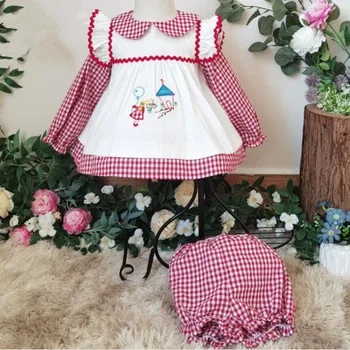 Baby girl pavasario rudens derliaus ispanijos, Anglijos, siuvinėta suknelė vaikams laisvalaikio mielas pledas stitchingd princesė suknelė