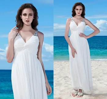 A-Line Wedding Suknelė 2021 V Kaklo Kulkšnies Ilgio Šifono Juostelės Atsitiktinis Paplūdimio Backless su Ruched Duobute Mygtuką Boho Nuotakos Suknelė