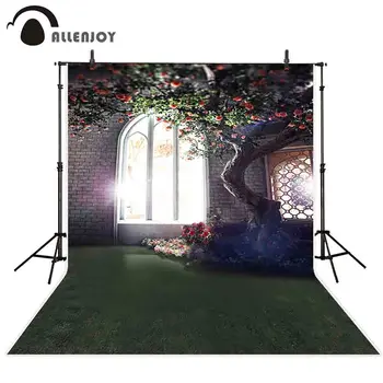 Allenjoy photophone tapetai plytų lango medis, gėlių patalpų derliaus šviesti žalia grindų vestuvių photocall backdrops fone
