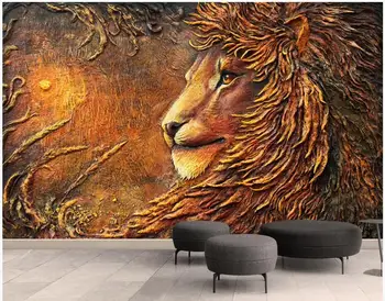 3d sienų freskomis tapetai kambarį Reljefinis aukso liūtas medžio drožyba fone namų dekoro foto tapetai, sienų ir 3 d