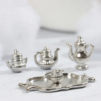 Naujas 5vnt/Set 1:12 Lėlių Miniatiūriniai Metaliniai Virtuvės Arbatos Rinkinys Puodą Flagon Plokštės Modelis Lėlių namelio Apdaila