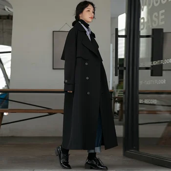 Juoda temperamentas švarkelis moterims 2021 populiariausių rudens ir žiemos naujų korėjos versija laisvi ir plonas tamsaus kailio ilgi paltai moterims