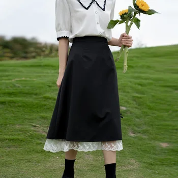 Elegantiškas Atsitiktinis Midi Sijonas Moterims paaukštintu liemeniu Juodos Japonijos Harajuku Y2k Nėrinių Sijonas korėjos Dizaineris Mados Drabužių Vasaros 2021