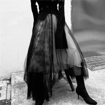 Tamsus ilgas prabangus minkštos tiulio sijonas nėrinių susiuvimo Gotikos baltas juodas klostuotas baleto sijonas moterų retro mergina punk y2k