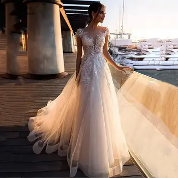 Seksualus Boho Vestuvių Suknelė iki 2021 m. Nėrinių Appliques Tiulio Gėlės-line Backless Paplūdimio Nuotakos Suknelė Suknelė Vestido De Noiva Plius Dydis