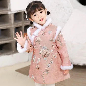 Žiemos Mergaitės, Kinijos Nacionalinio Stiliaus Šiltas Naujųjų Metų Cheongsam Suknelės Siuvinėjimo Mergina Retro Kailio Suknelė Dinastijos Tradicinių Drabužių