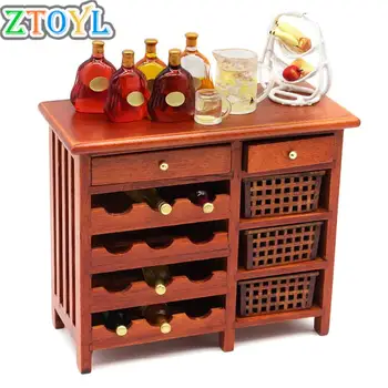 1pc 1:12 lėlių modeliu, mini raudonmedžio vyno cabinetfurniture langas virtuvėje, Medinės dėžės Miniatiūrinės Virtuvės Reikmenys