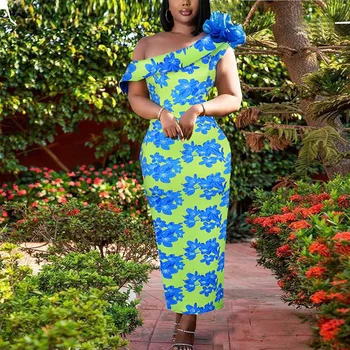 Afrikos Elegantiškas Suknelės Moterims Vasaros Mados Gėlių Spausdinti Vienos Pečių Bodycon Suknelė Elegantiškas Vestuvių Naktį Klubo Šalis Suknelė