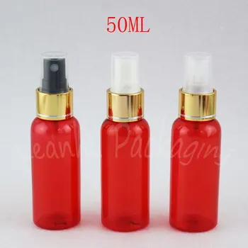 50ML Raudono Plastiko Buteliukas Su Aukso Purškimo Siurblio , 50CC Tuščias Kosmetikos Konteinerių , Tonerio / Vandens Pakuočių Buteliukas ( 50 VNT/Lot )