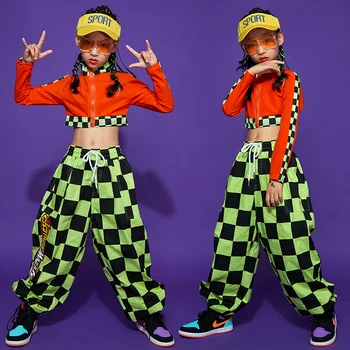 Nauja Džiazo Gatvės Šokių Kostiumai Kietas Hiphop Tiktų Šokių Hip-Hop Drabužiai Mergaitėms ilgomis Rankovėmis Viršūnes Pledas Kelnes Rave Drabužius DQS6194