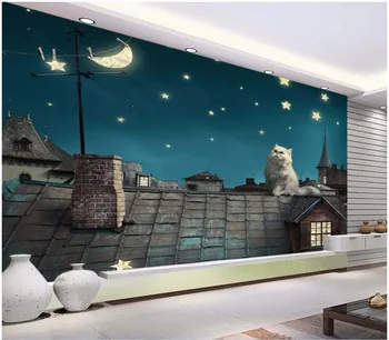 3d tapetai pasirinktinius nuotraukų Mėlynas dangus, po stogu, norėdami pamatyti mėnulio kačių kambarį tapybos 3d sienų freskomis tapetai, sienų ir 3 d